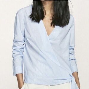 Mossimo Dutti Blue Pin Striped Wrap Top Blouse Cotton Long Sleeve…
